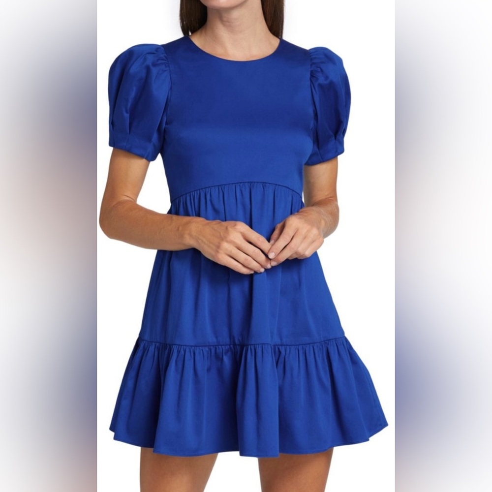 alice + olivia ann tiered mini dress in cobalt | short puff sleeves | size 4